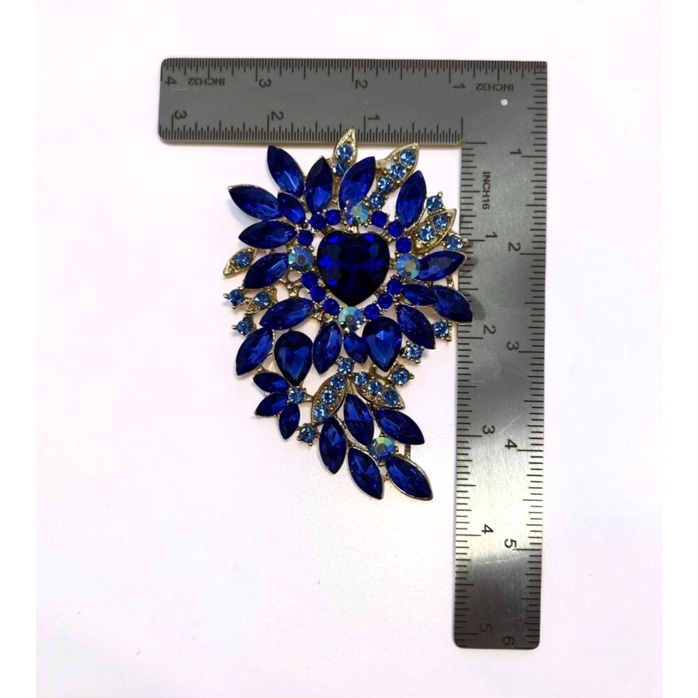 Blue Rhinestone Floral Spray Brooch Pin Gold Tone Heart Statement Vintage Style - Picture 4 of 5